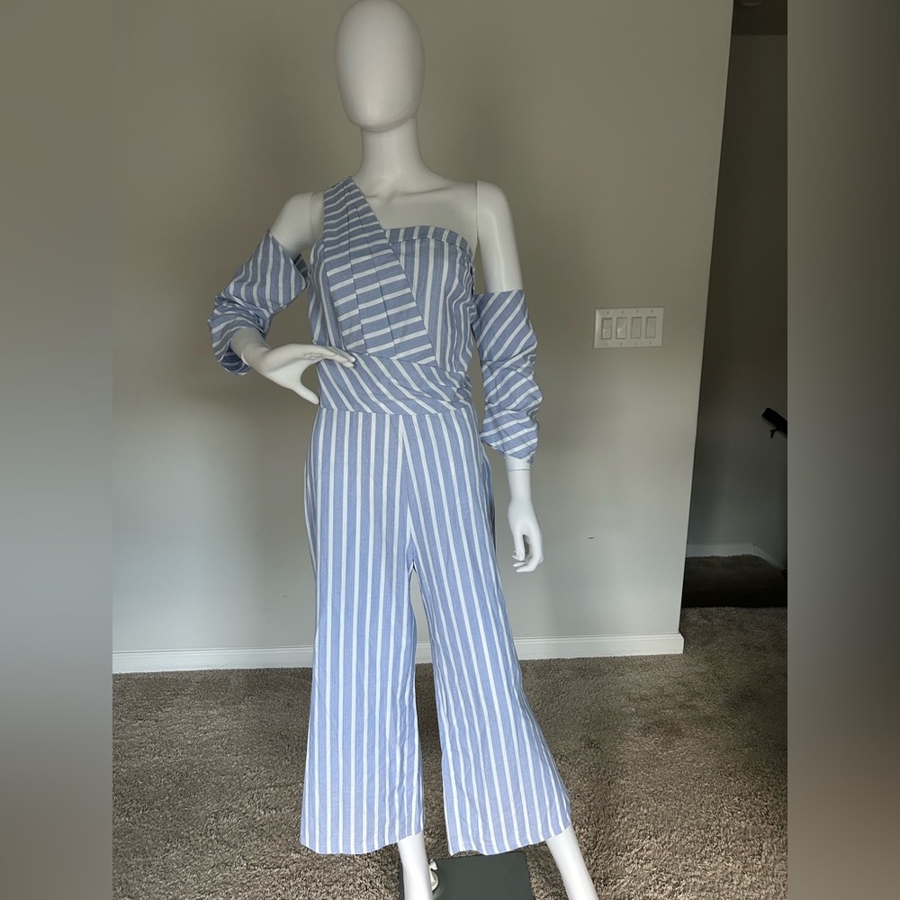 Fashion Nova Asymmetrical Blue and White Jumpsuit